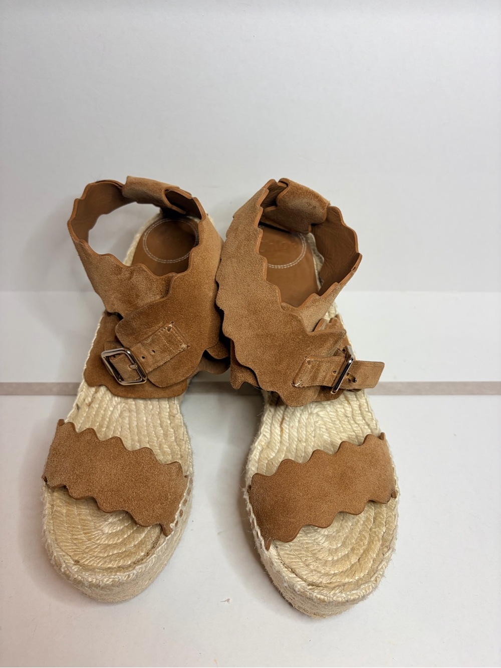 Chloe Suede Scalloped Espadrille Sandals in Tan